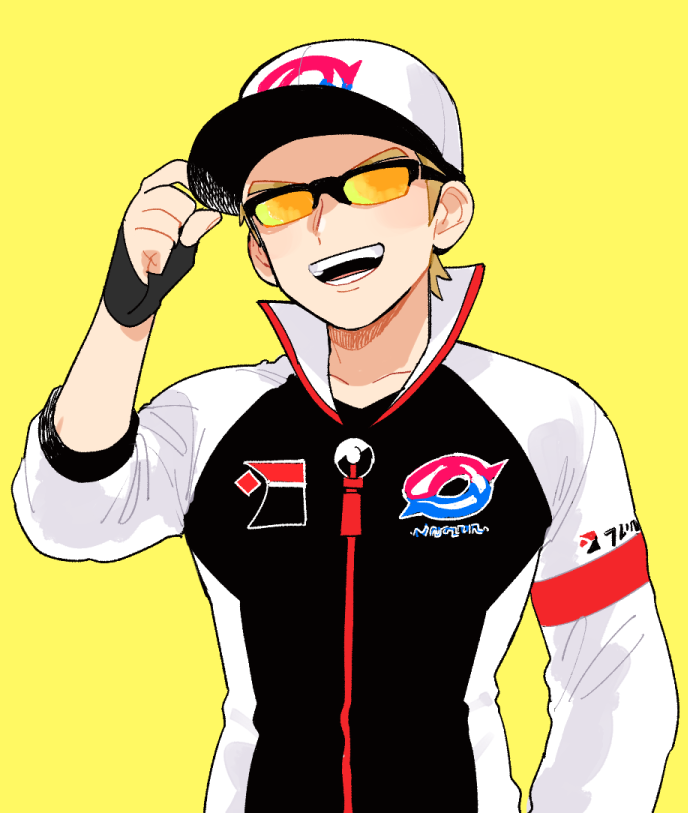 1boy, :d, baseball_cap, black_gloves, black_shirt, blonde_hair, collarbone, commentary_request