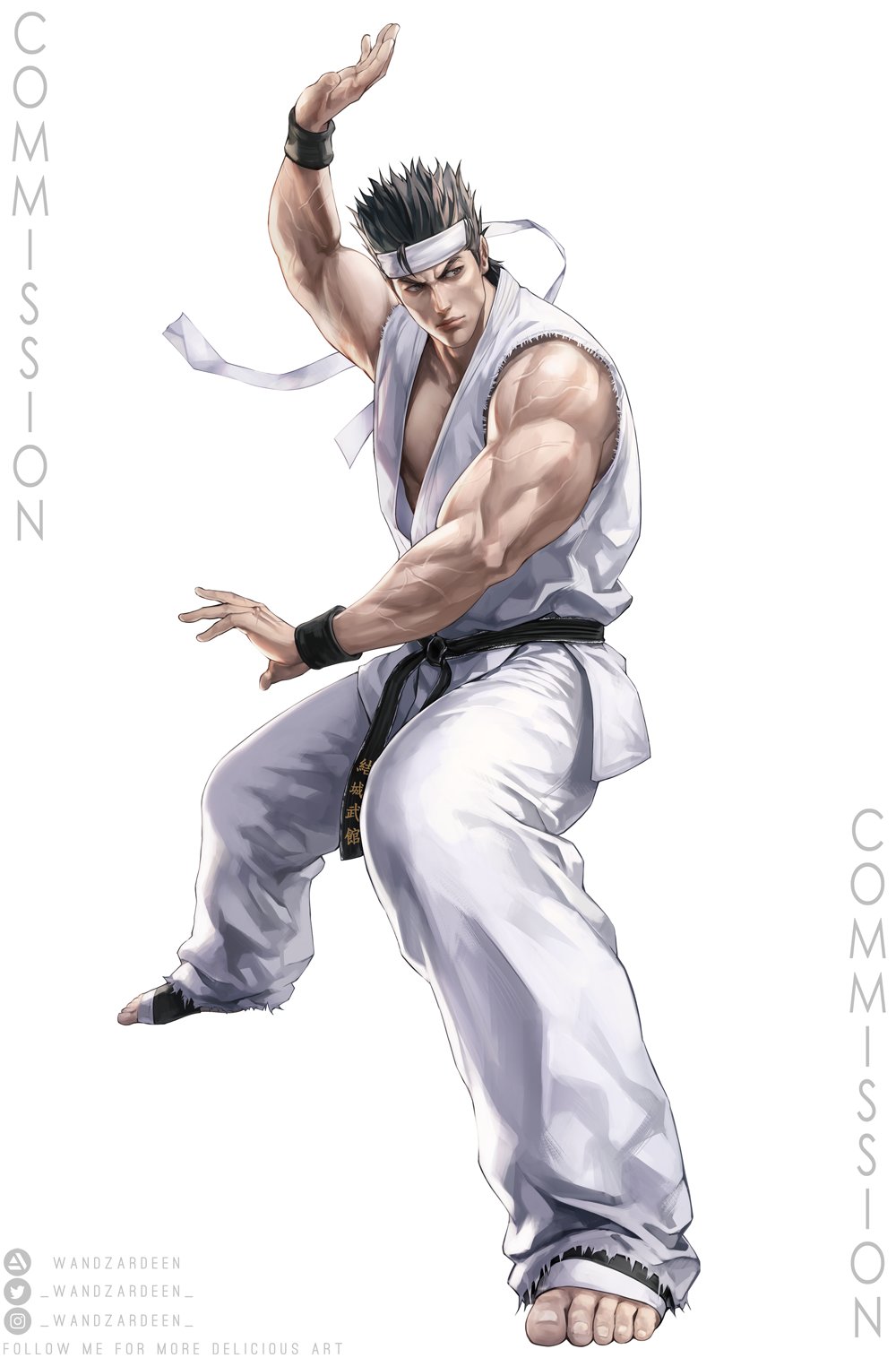 1boy, belt, black_belt, black_hair, black_legwear, commission, dougi, english_commentary
