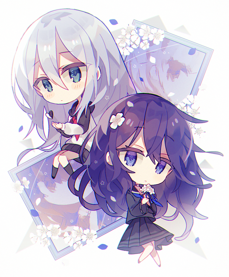 2girls, amano_mizu, aqua_eyes, asahina_mafuyu, back-to-back, black_blouse, black_hoodie, black_neckerchief