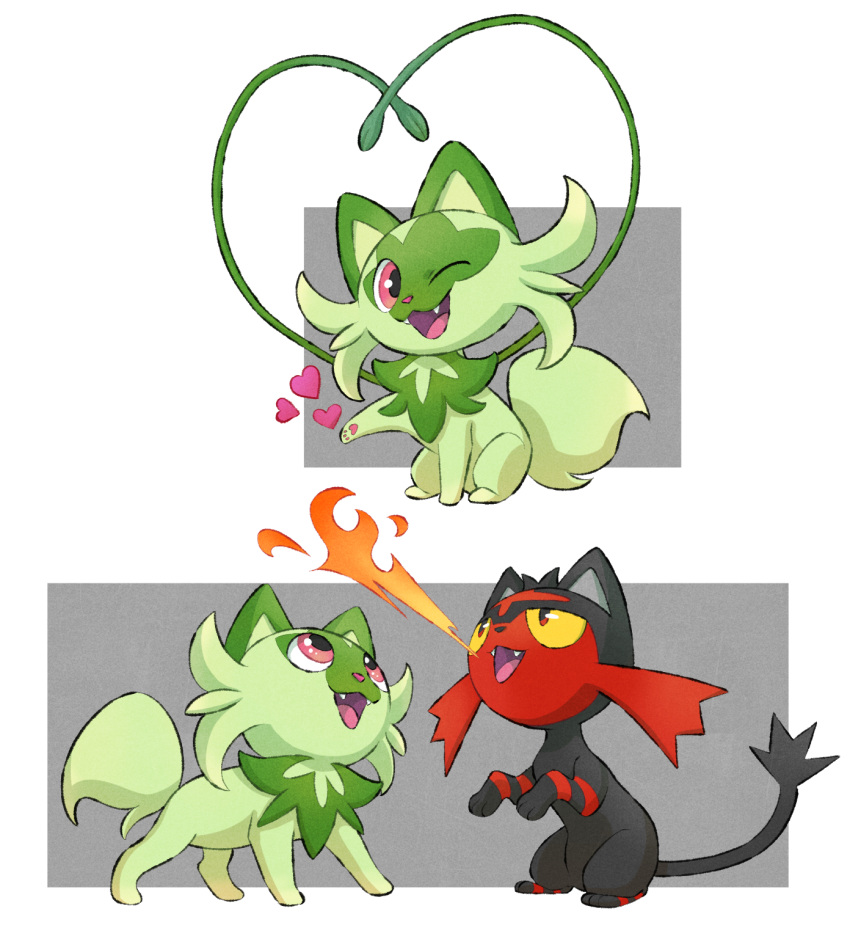 ;d, breathing_fire, cat, colored_sclera, fangs, fire, heart, highres, jamie_loughran, litten, no_humans, one_eye_closed, pokemon, pokemon_(creature), pokemon_(game), pokemon_sm, pokemon_sv, red_eyes, sitting, smile, sprigatito, yellow_sclera