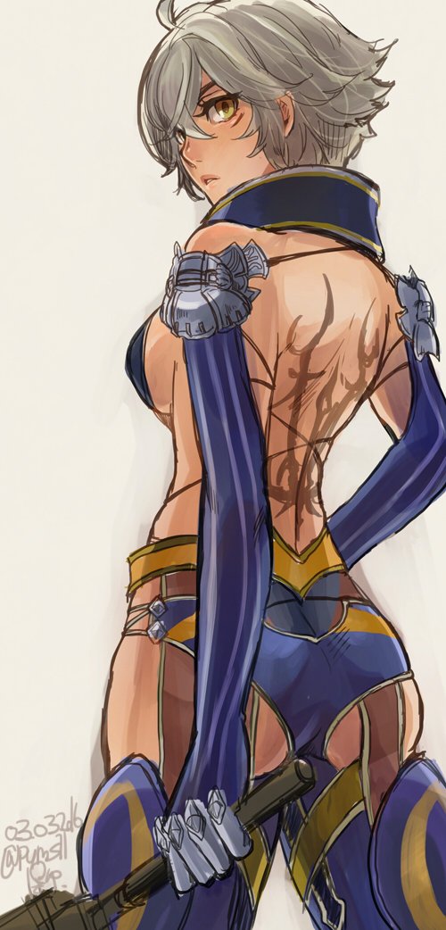 1girl, ahoge, ass, breasts, dated, detached_sleeves, final_fantasy, genderswap
