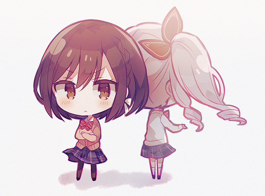 >:(, 2girls, akiyama_mizuki, amano_mizu, annoyed, back-to-back, black_legwear, black_outline