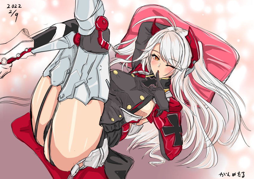 1girl, absurdres, armored_boots, azur_lane, black_garter_straps, black_gloves, boots, breasts