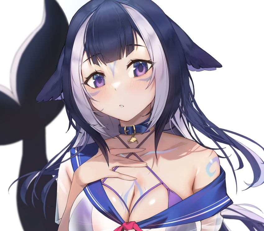 arm_tattoo, blue_collar, chest_tattoo, collar, highres, indie_virtual_youtuber, multicolored_hair, orca