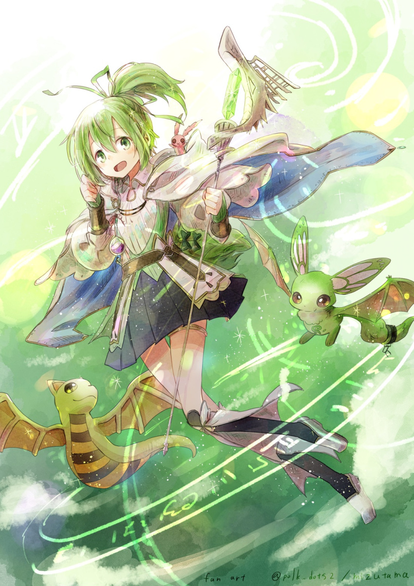 1girl, boots, cloak, crystal, duel_monster, green_eyes, green_hair, green_theme