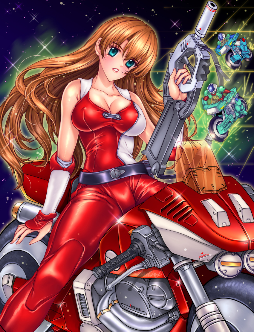 1980s_(style), 1girl, 2boys, biker, blonde_hair, blue_eyes, body_armor, bodysuit, boots, breasts, brown_hair, commentary, energy_cannon, energy_gun, english_commentary, gallant_h-90, ground_vehicle, helmet, highres, houquet_et_rose, john_r, kikou_souseiki_mospeada, looking_at_viewer, machinery, mecha, missile_pod, mospeada, mospeada_(mecha), motor_vehicle, motorcycle, multiple_boys, power_armor, ray_(mospeada), ray_gun, retro_artstyle, riding, robotech, rook_bartley, science_fiction, shield, shiny, sky, spacesuit, sparkle, star_(sky), starry_sky, stick_bernard, tire, weapon