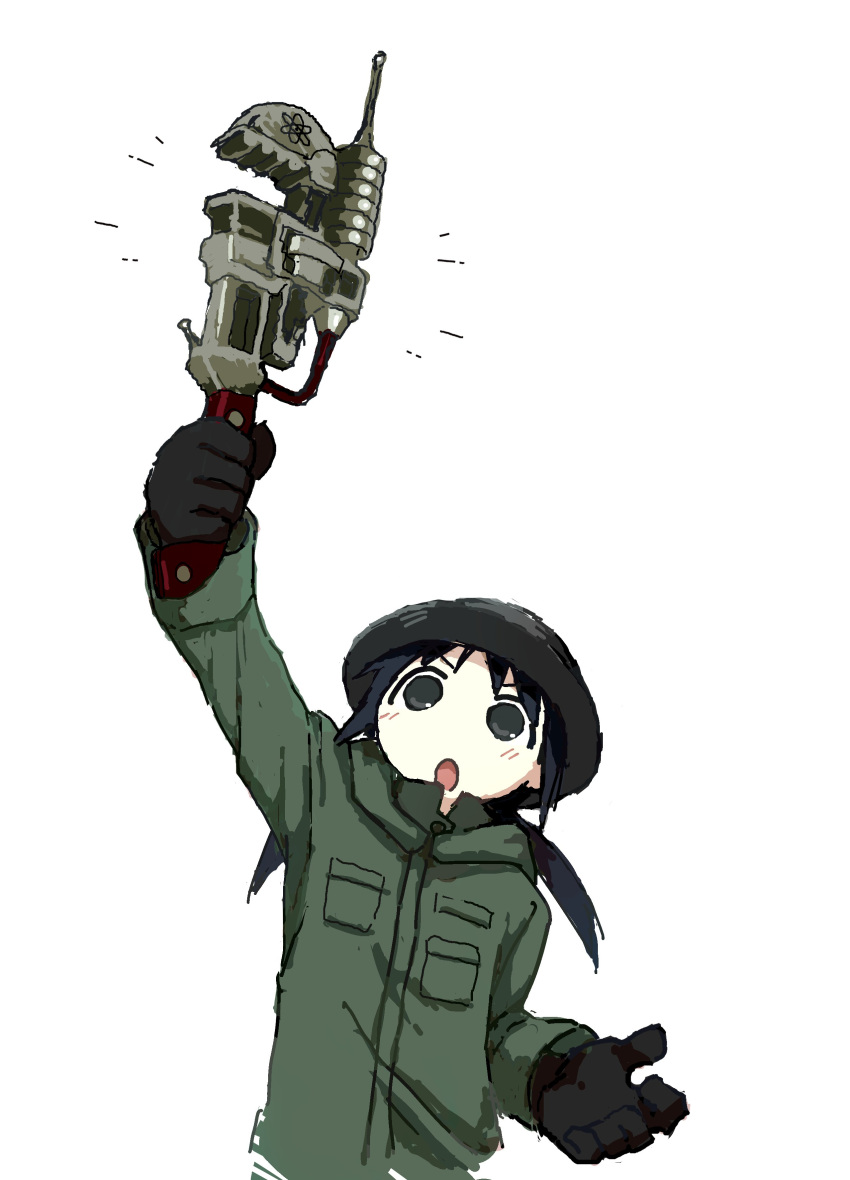 1girl, absurdres, auksechan, black_eyes, black_gloves, black_hair, blush, brodie_helmet, chito_(shoujo_shuumatsu_ryokou), coat, eureka_effect, gloves, green_coat, helmet, highres, holding, holding_wrench, military_coat, military_helmet, open_mouth, shoujo_shuumatsu_ryokou, simple_background, solo, team_fortress_2, twintails, white_background, wrench