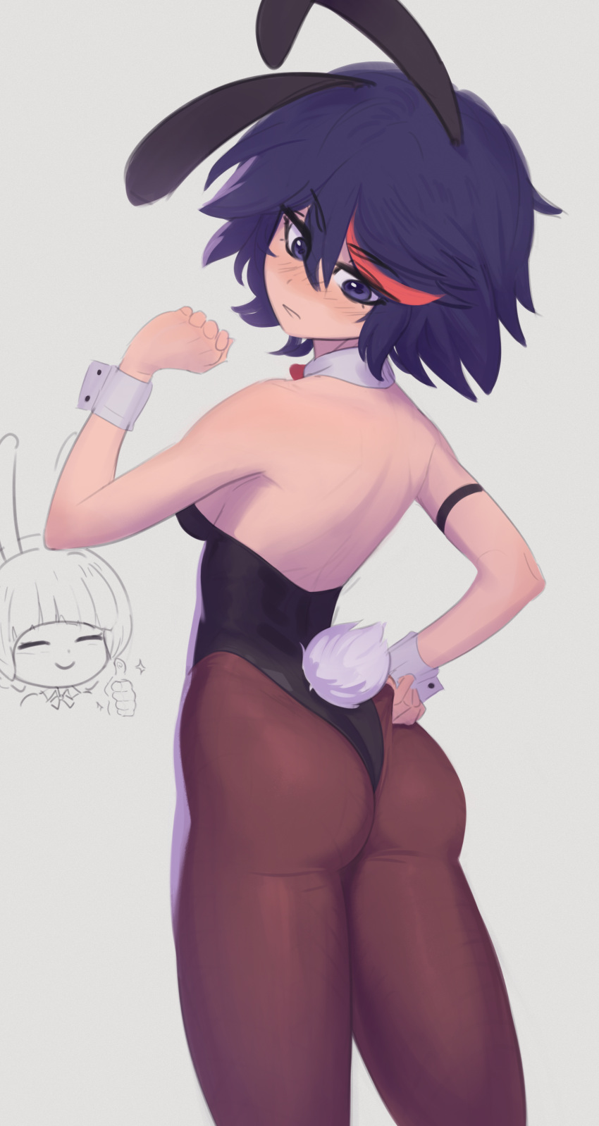 2girls, absurdres, animal_ears, arm_up, ass, bare_shoulders, behind_another, black_hair, black_leotard, blush, blush_stickers, breast_grab, breasts, clenched_hand, cowboy_shot, daniel_deves, detached_collar, fake_animal_ears, grabbing, groping, hand_up, highres, kill_la_kill, leotard, looking_at_another, looking_down, mankanshoku_mako, matoi_ryuuko, medium_breasts, multicolored_hair, multiple_girls, pantyhose, playboy_bunny, rabbit_ears, redhead, short_hair, smile, standing, strapless, strapless_leotard, streaked_hair, sweatdrop, undersized_breast_cup, unfinished, wrist_cuffs, yuri
