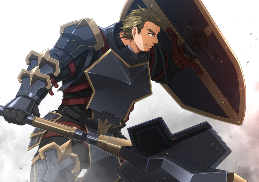 1boy, another_eidos-r, arm_belt, armor, belt, blue_eyes, chest_armor, chest_harness, facial_hair, fighting_stance, gauntlets, gloves, green_hair, gymnos_(another_eidos), harness, leg_armor, leg_belt, looking_to_the_side, mace, male_focus, pants, shield, shoulder_armor, sideburns, solo, stubble, thick_eyebrows, warrior, weapon, yanai_inaya