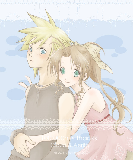 1boy, 1girl, aerith_gainsborough, alternate_costume, arm_warmers, arms_around_waist, asymmetrical_bangs, bangs