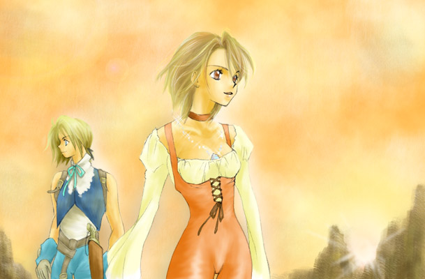1boy, 1girl, belt, blonde_hair, blue_eyes, blue_vest, bodysuit, brown_eyes