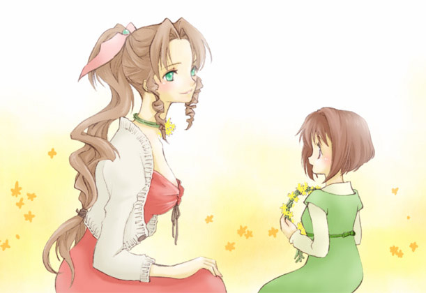 2girls, aerith_gainsborough, alternate_costume, beige_cardigan, breasts, cardigan, choker, curly_hair