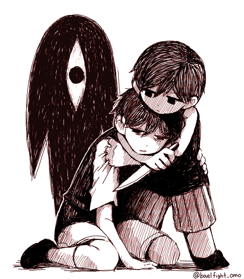 2boys, bags_under_eyes, black_eyes, black_footwear, black_hair, black_legwear, black_shirt, black_vest, commentary_request, exhausted, expressionless, highres, kitchen_knife, knife_to_throat, miya_(baelfight), multiple_boys, no_pupils, omori, shirt, shoes, short_hair, shorts, simple_background, socks, something_(omori), striped, striped_shorts, sunny_(omori), vest, white_background, white_legwear, white_shirt