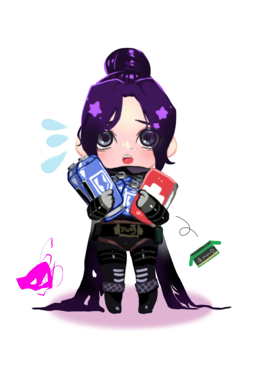 1girl, :o, absurdres, ammunition_box, apex_legends, black_hair, black_scarf, blush