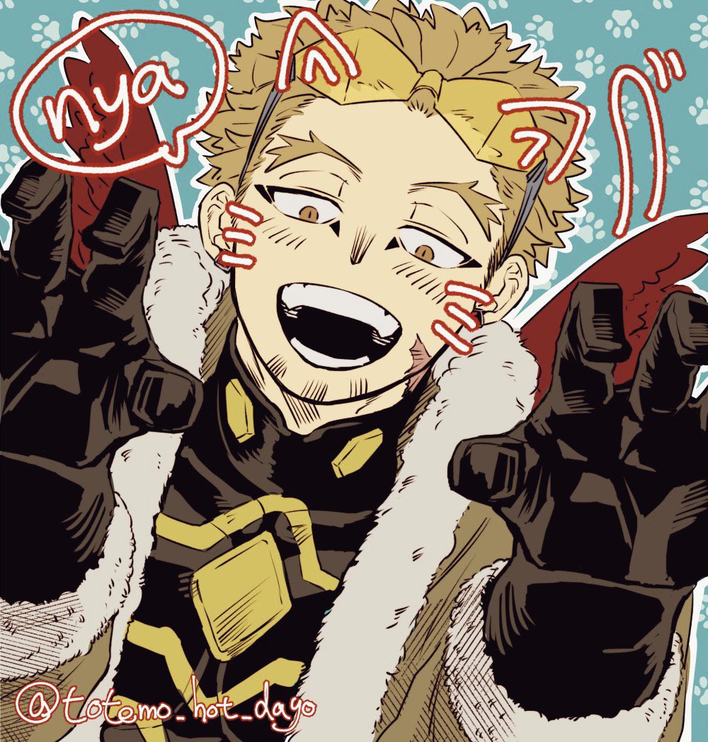 1boy, aqua_background, blonde_hair, boku_no_hero_academia, brown_jacket, claw_pose, costume, drawn_ears