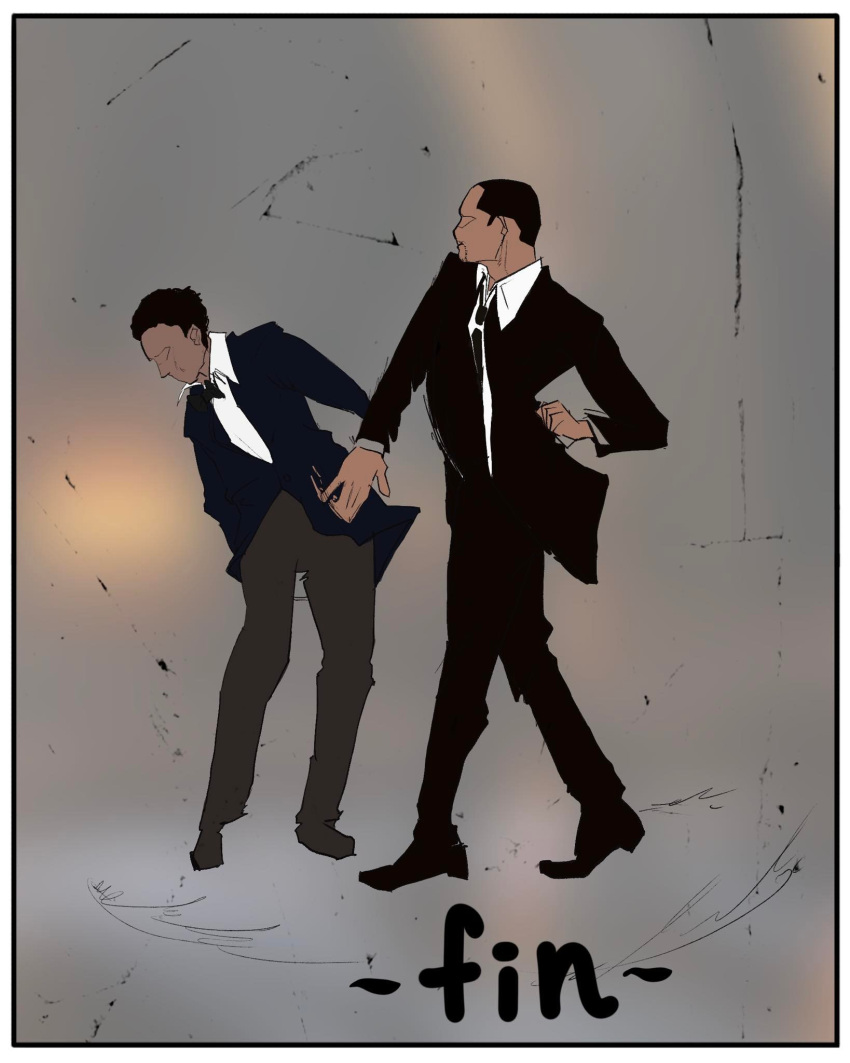 2boys, bambooxun, bow, bowtie, chinese_commentary, chris_rock, dark-skinned_male, dark_skin, formal, full_body, highres, male_focus, meme, multiple_boys, necktie, real_life, slapping, standing, suit, will_smith, will_smith_slapping_chris_rock_(meme)