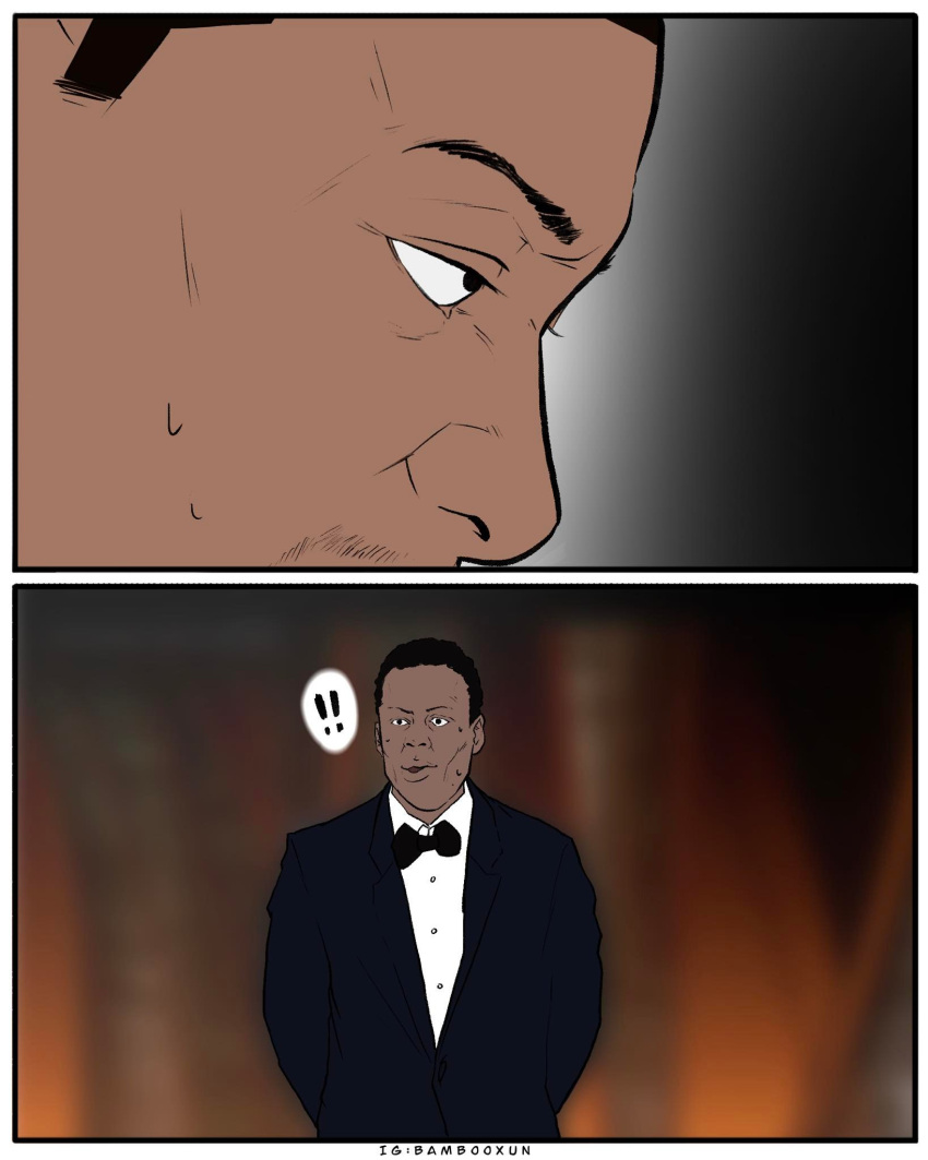 !, !!, 2boys, bambooxun, black_eyes, bow, bowtie, chinese_commentary
