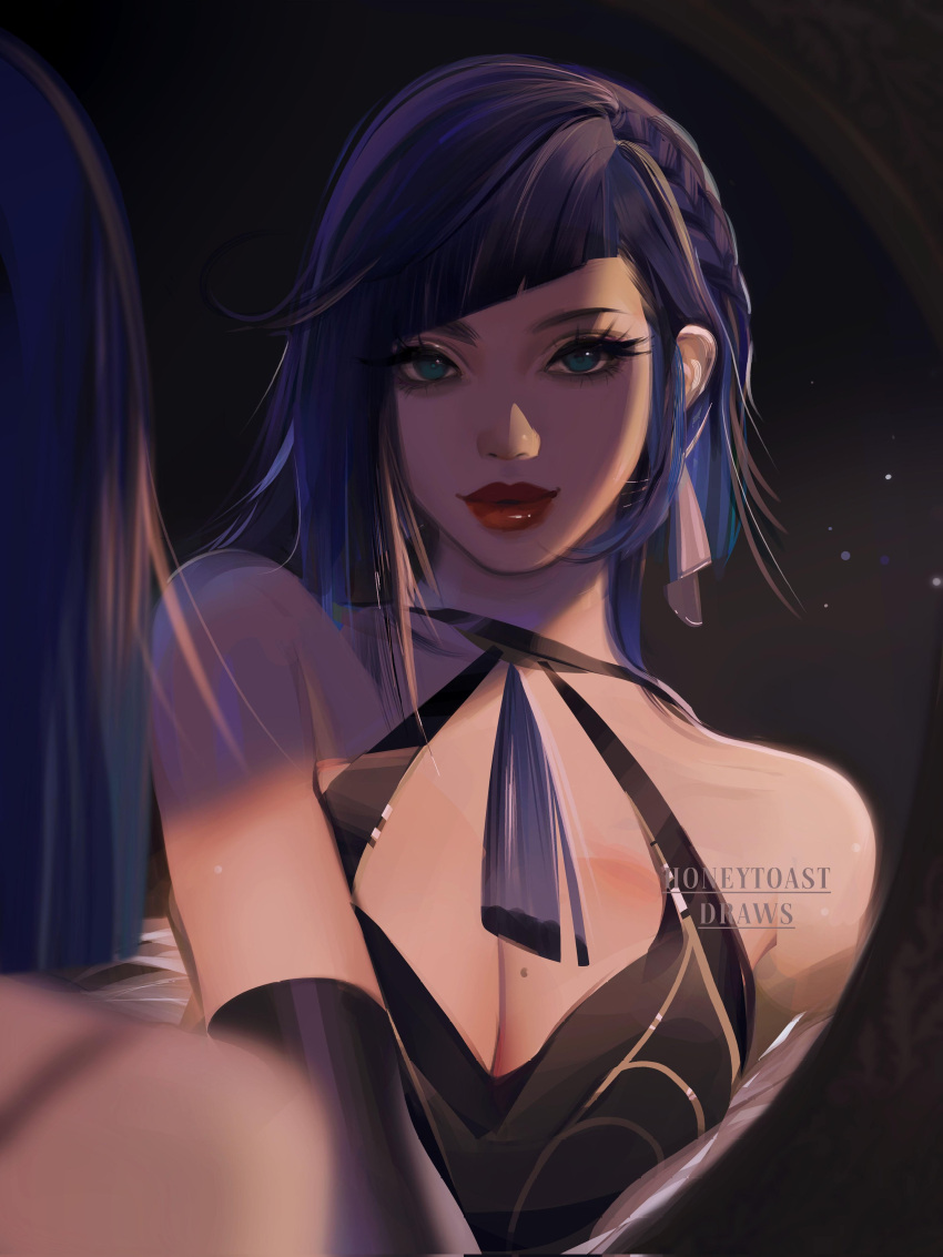 1girl, absurdres, bangs, bare_shoulders, bob_cut, braid, diagonal_bangs, dress