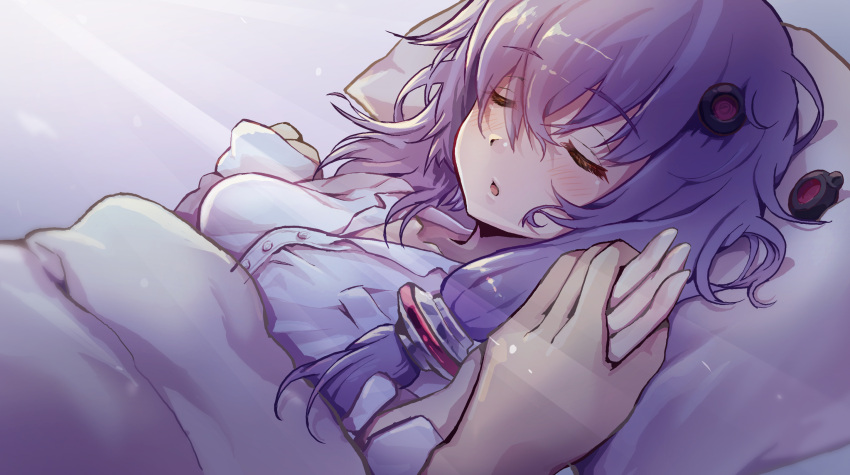 blanket, closed_eyes, dappled_sunlight, eyebrows_visible_through_hair, head_on_pillow, highres, holding_hands, lying