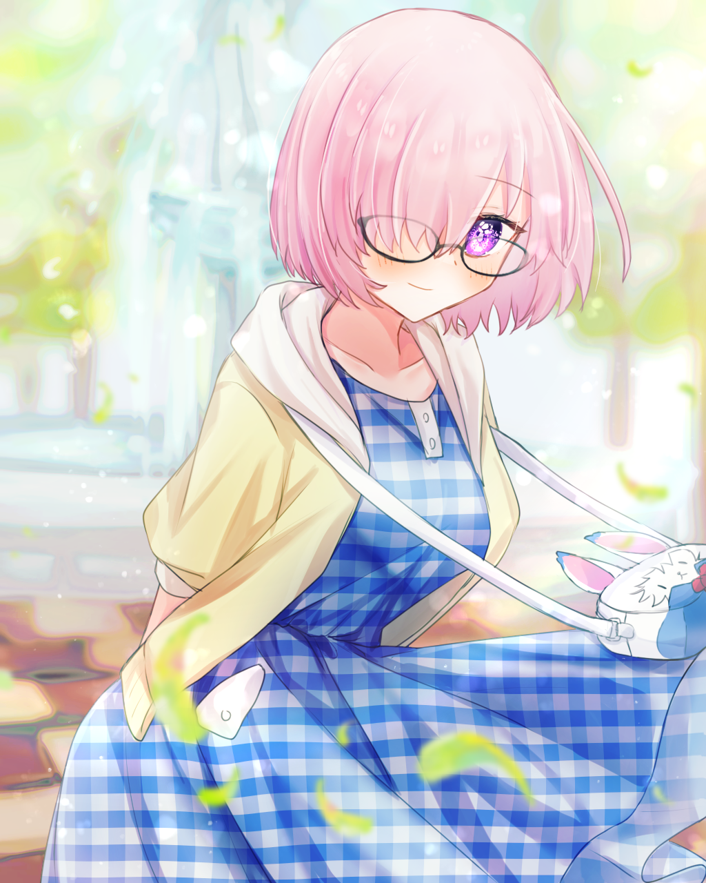 1girl, alternate_costume, arms_behind_back, bag, black-framed_eyewear, blue_dress, blurry, blurry_background