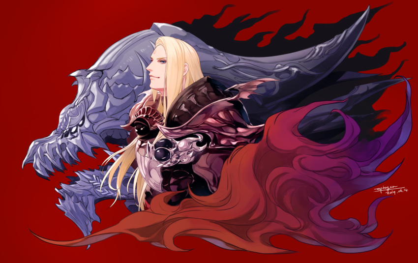 1boy, armor, blonde_hair, blue_eyes, cape, dragon, final_fantasy, final_fantasy_xiv