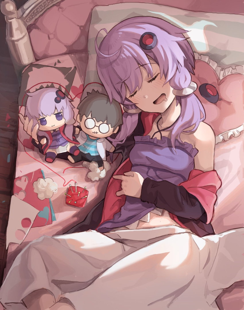 blanket, closed_eyes, drooling, eyebrows_visible_through_hair, fabric, head_on_pillow, highres, lying