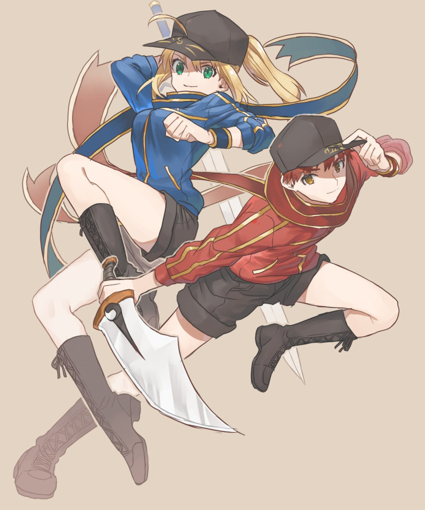 1boy, 1girl, ahoge, artoria_pendragon_(fate), bangs, baseball_cap, black_headwear, black_legwear