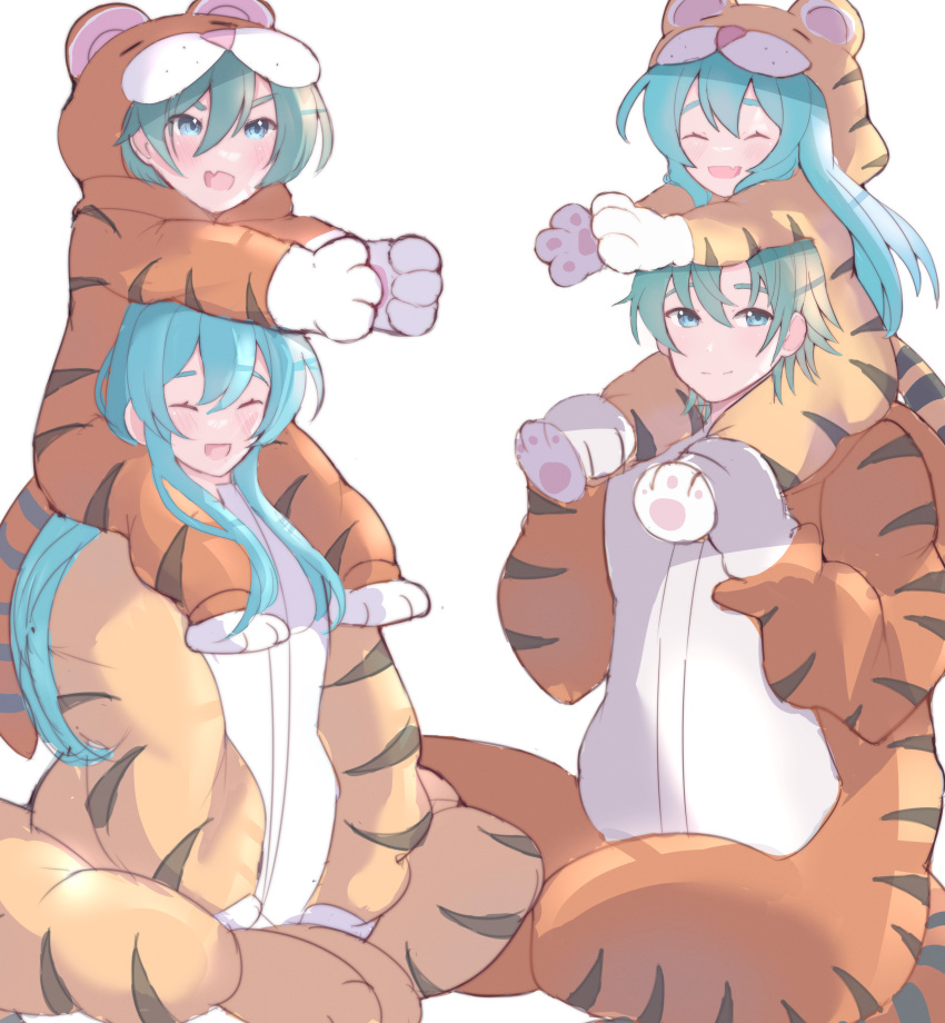 2boys, 2girls, absurdres, animal_costume, animal_print, aqua_hair, blue_eyes, blue_hair