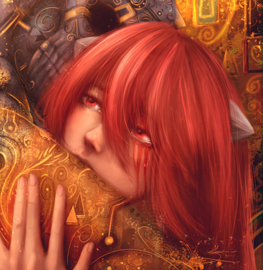1girl, 1other, absurdres, blood, blood_from_eyes, crying, crying_with_eyes_open, elfen_lied