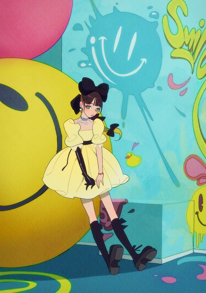 1girl, black_bow, black_collar, black_gloves, blonde_hair, bow, brown_hair, choi_ye-na, collar, collarbone, dress, elbow_gloves, gloves, green_eyes, hair_bow, k-pop, leaning_back, low_ponytail, multicolored_hair, puffy_short_sleeves, puffy_sleeves, real_life, short_sleeves, single_glove, solo, soorin, yellow_dress