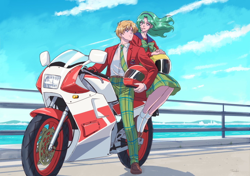 2girls, aqua_hair, bishoujo_senshi_sailor_moon, blonde_hair, bow, clouds, full_body, ground_vehicle
