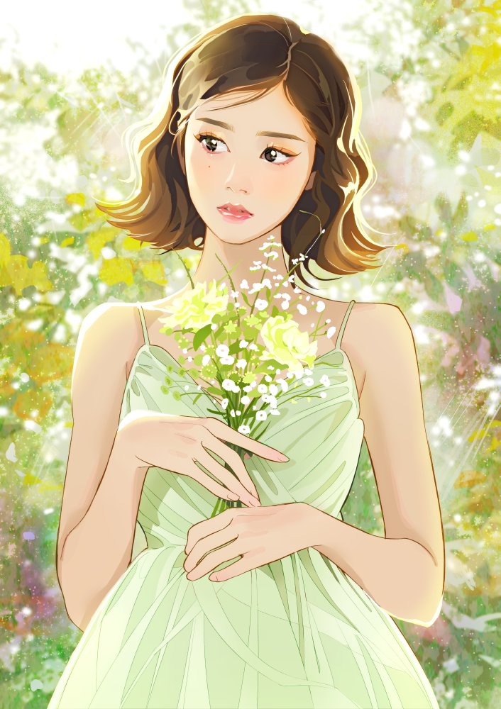 black_eyes, blush, brown_hair, dress, eyeshadow, flower, green_dress, green_flower, head_tilt, holding, holding_flower, j_(stayc), k-pop, makeup, mole, mole_under_eye, parted_lips, pink_eyeshadow, plant, real_life, short_hair, soorin, stayc, upper_body