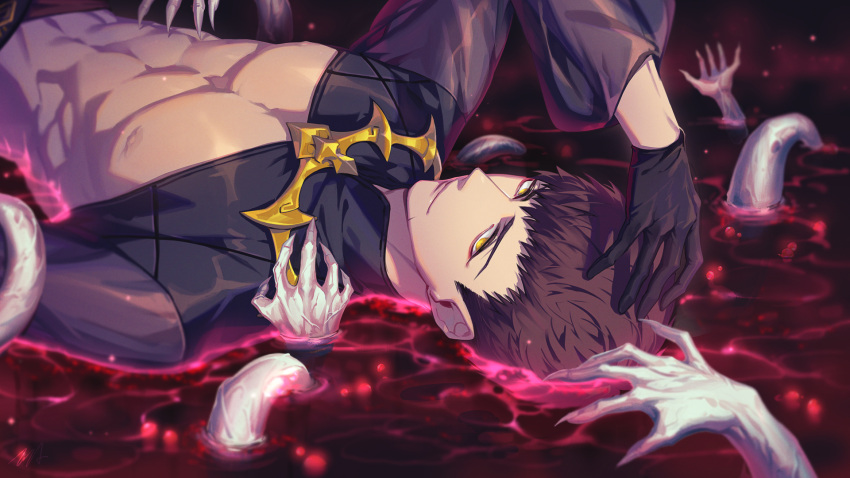 1boy, a3!, abs, arm_up, bangs, black_gloves, blood, blurry