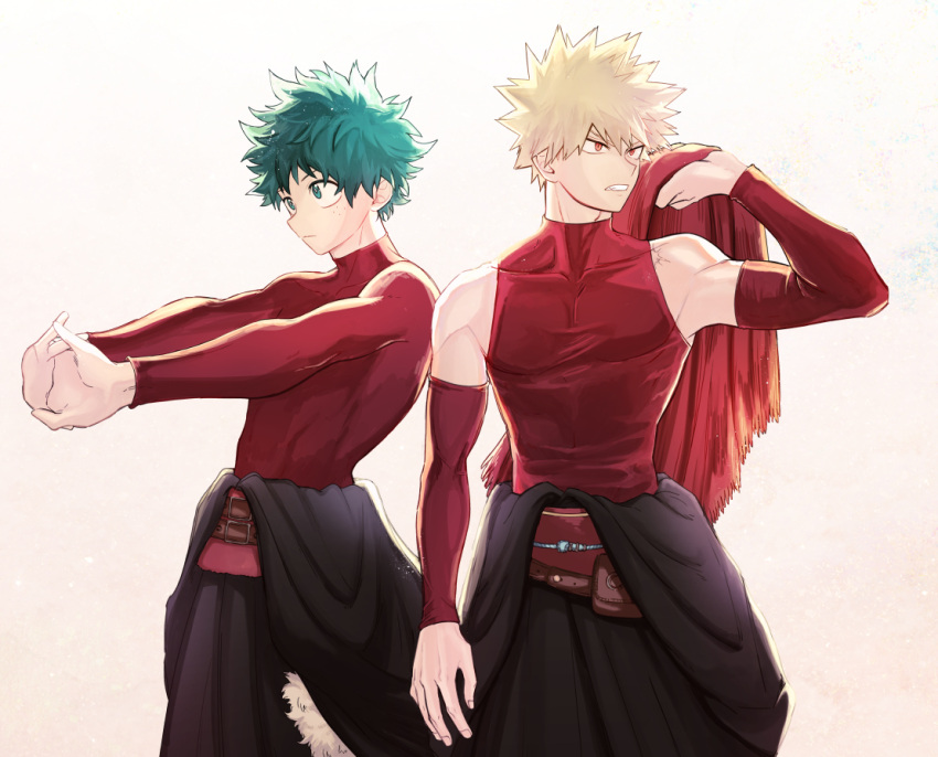 2boys, bakugou_katsuki, bare_shoulders, belt, black_coat, blonde_hair, boku_no_hero_academia, brown_belt