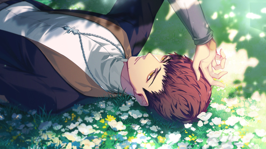 1boy, a3!, amber_eyes, arm_up, bangs, black_jacket, blurry, brown_hair