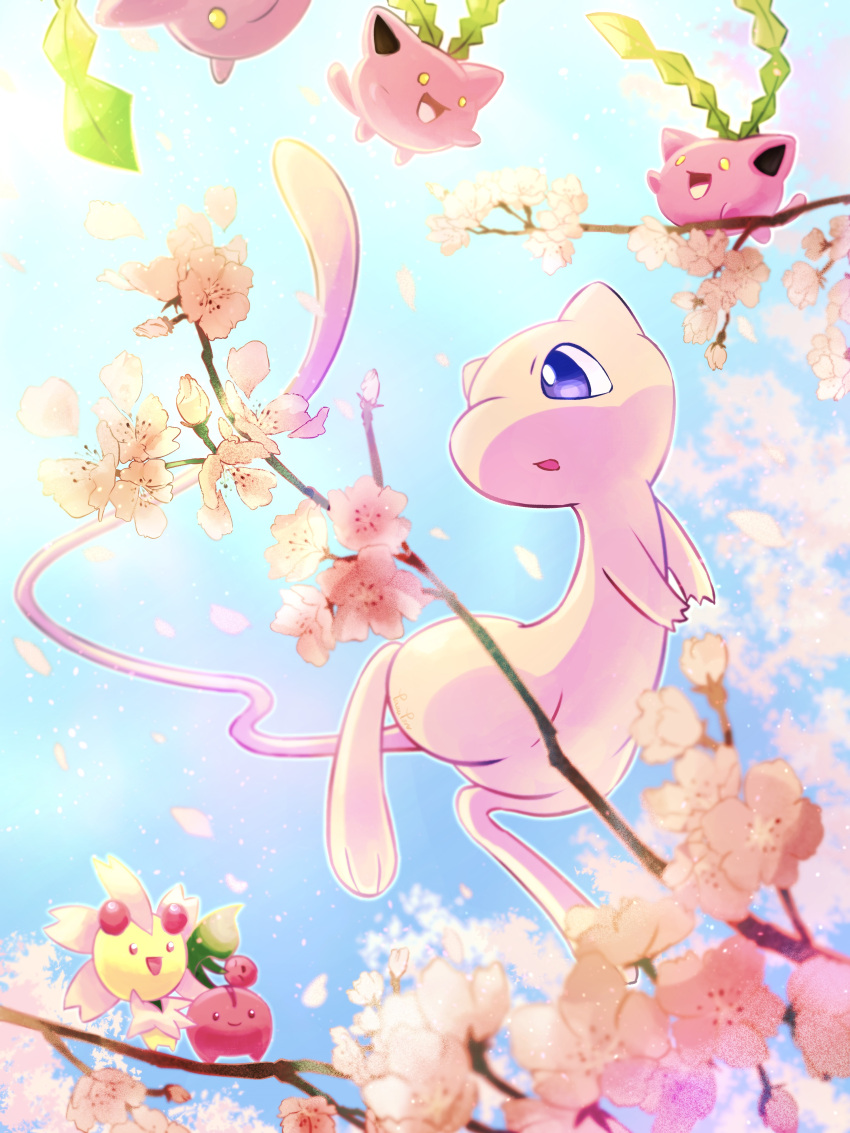:d, absurdres, cherrim, cherubi, commentary_request, day, falling_petals, flower, flying, happy, highres, hoppip, mew, no_humans, open_mouth, outdoors, petals, pokemon, pokemon_(creature), ponkotsu_tanupon, smile, standing, tongue, yellow_eyes