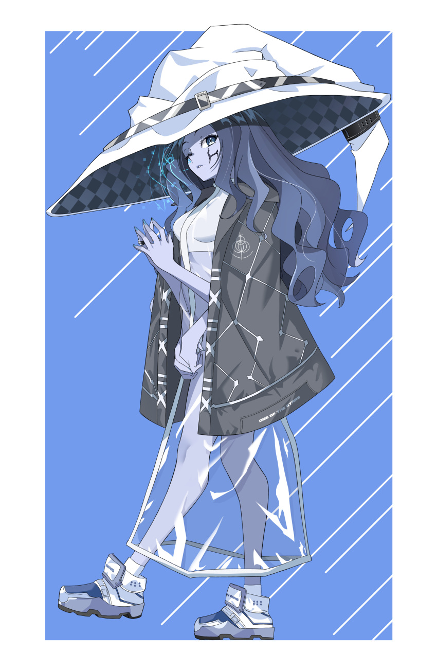 1girl, absurdres, alternate_costume, blue_hair, blue_nails, blue_skin, border, breasts
