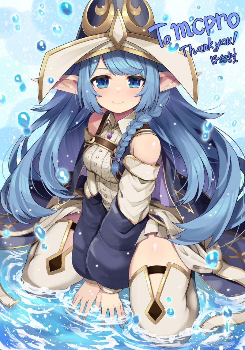 1girl, artist_name, bangs, bare_shoulders, between_legs, blue_eyes, blue_hair, boots