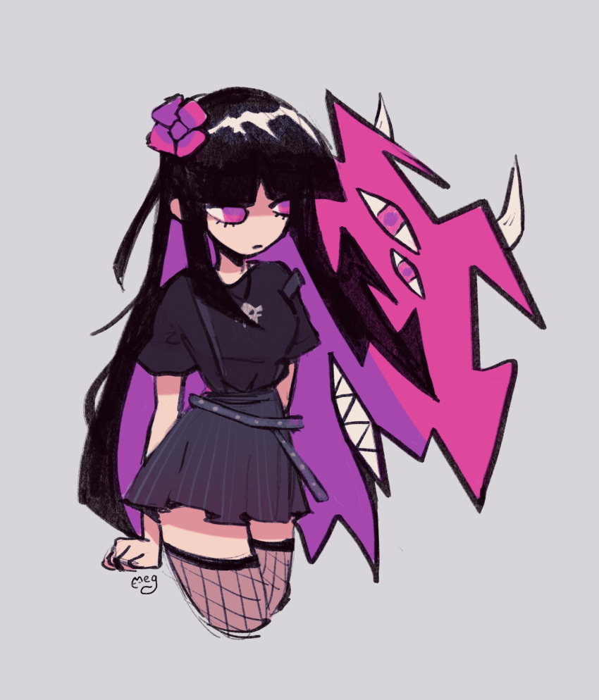 1girl, bangs, black_hair, black_shirt, black_skirt, blunt_bangs, borrowed_character, cowboy_shot, cropped_legs, edith_(flipherrrr), fishnet_legwear, fishnets, flower, grey_background, hair_flower, hair_ornament, highres, long_hair, megrocks, no_nose, original, pleated_skirt, purple_flower, shirt, short_sleeves, signature, simple_background, skirt, solo, thigh-highs, very_long_hair, violet_eyes