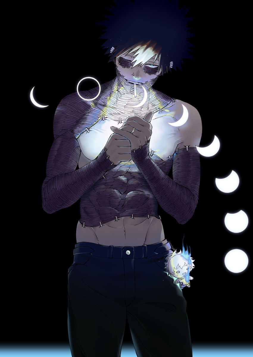 1boy, abs, absurdres, aranciojelyfish, bangs, belt, black_background, black_belt