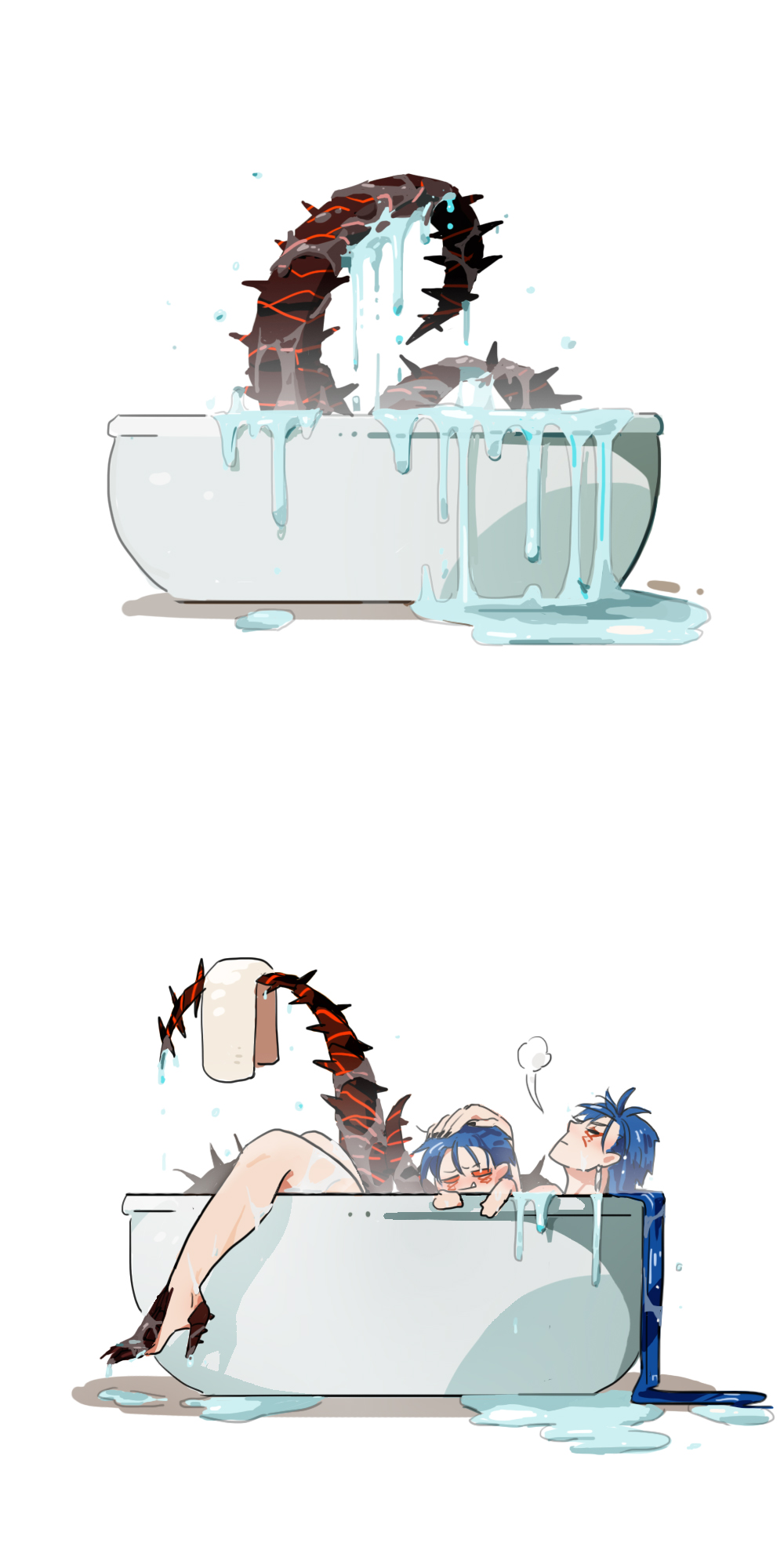 1boy, 1other, bathing, bathtub, blue_hair, chibi, closed_mouth, cu_chulainn_(fate)