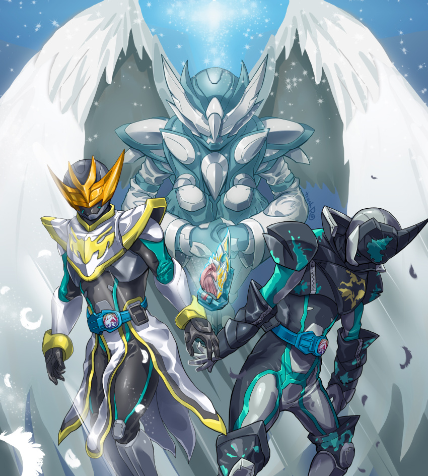 3boys, aqua_background, armor, arms_at_sides, bat, bat_genome, bat_wings, belt