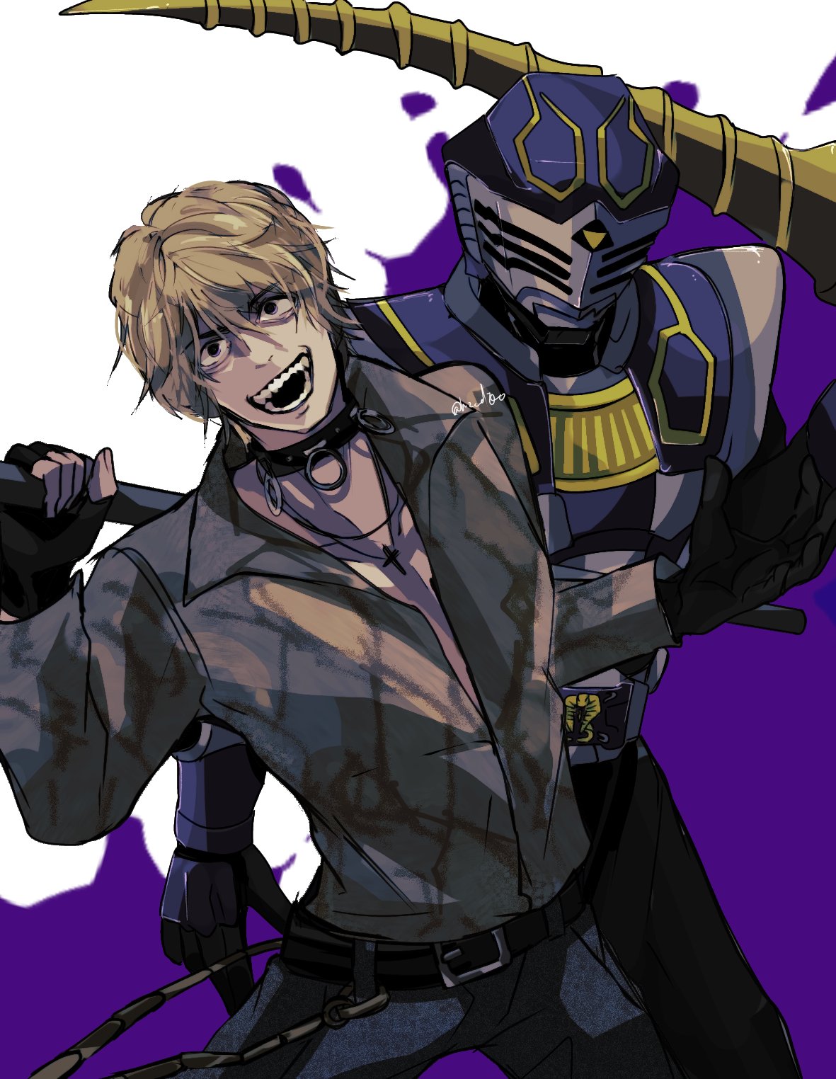 2boys, armor, asakura_takeshi, asymmetrical_gloves, belt, black_collar, black_gloves, blonde_hair, bodysuit, card, cobra_(animal), collar, commentary_request, cross, evil, fingerless_gloves, gloves, grin, heisei, highres, kamen_rider, kamen_rider_ouja, kamen_rider_ryuki_(series), looking_at_viewer, male_focus, mask, mismatched_gloves, multiple_boys, ni_celery_pk, photoshop_(medium), pipe, pov, purple_armor, shirt, smile, snake_print, solo_focus, splatter, sword, tokusatsu, tongue, v_buckle, venosaber, visor, weapon, white_background