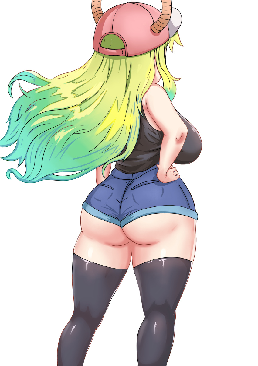 1girl, absurdres, ass, baseball_cap, black_legwear, black_shirt, black_tank_top, blue_hair, blue_shorts, breasts, denim, denim_shorts, dragon_girl, dragon_horns, from_behind, gradient_hair, green_hair, hand_on_hip, hat, highres, horns, horns_through_headwear, kobayashi-san_chi_no_maidragon, large_breasts, long_hair, lucoa_(maidragon), multicolored_hair, shirt, shorts, solo, tank_top, thigh-highs, triagorodri, underbutt
