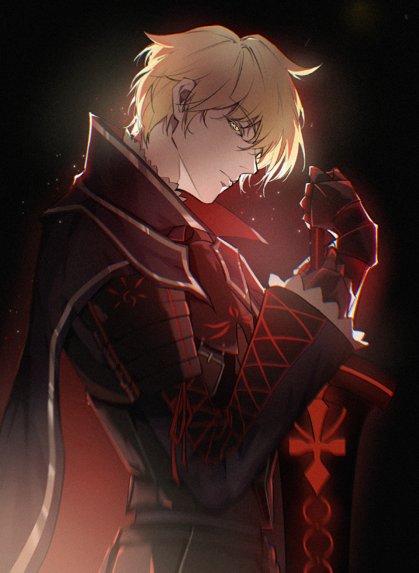 1boy, ahoge, alter_servant, armor, arthur_pendragon_(fate), arthur_pendragon_alter_(fate), black_armor, black_cape