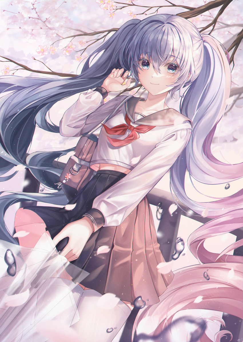 1girl, absurdres, bag, bangs, blue_eyes, brown_skirt, cherry_blossoms, clothes_lift