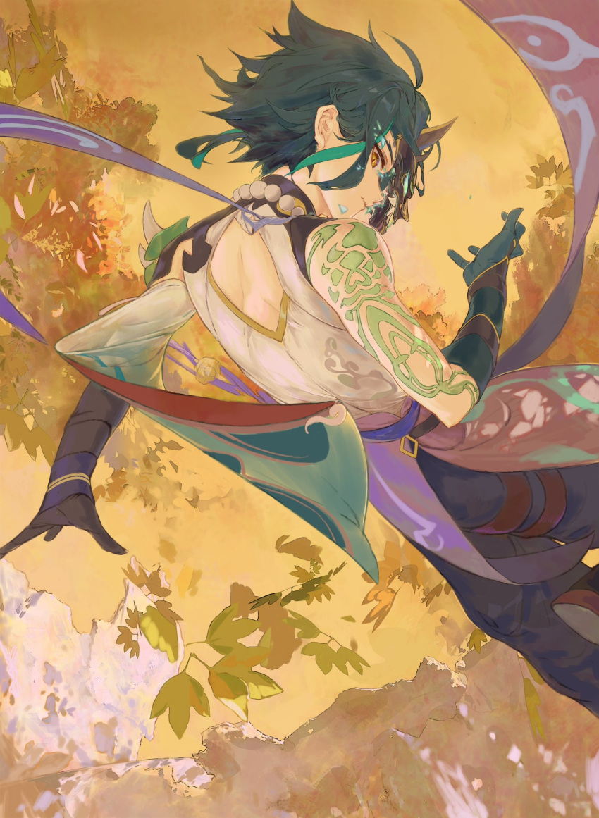 1boy, back, bare_shoulders, black_gloves, chinese_clothes, closed_mouth, genshin_impact, gloves