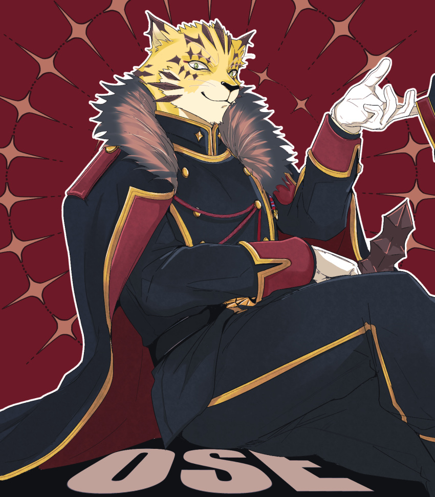 1boy, character_name, coat, facial_hair, fur-trimmed_coat, fur_trim, furry, furry_male, goatee, green_eyes, hat, highres, holding, holding_clothes, holding_hat, izm_(izm_rm7), looking_at_viewer, male_focus, medal, military, military_uniform, ose_(housamo), panther_boy, panther_ears, red_background, short_hair, smile, solo, star_(symbol), tokyo_afterschool_summoners, uniform
