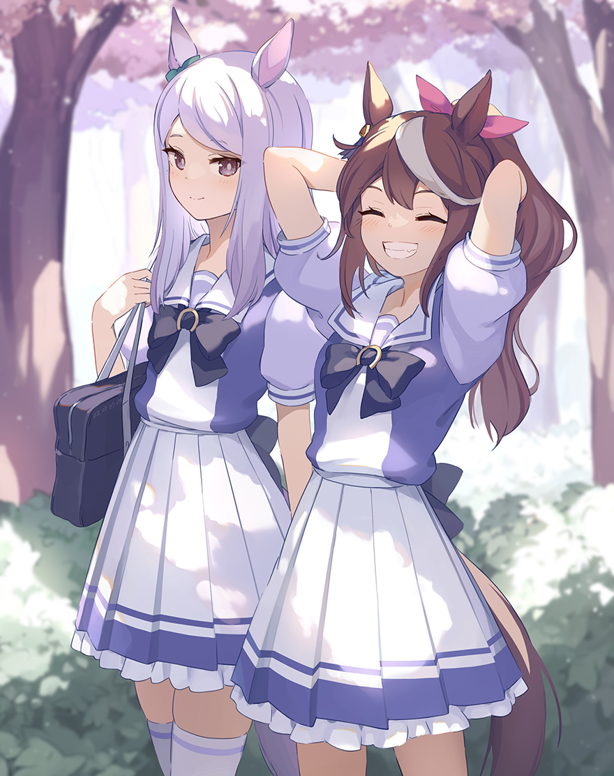 2girls, animal_ears, arms_behind_head, asicah, bag, blush, brown_hair, bush