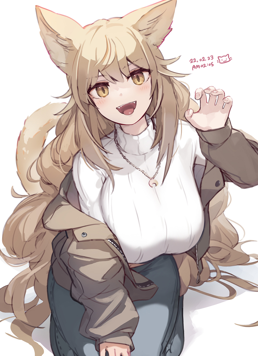 1girl, animal_ears, asicah, bangs, blush, breasts, brown_jacket, cat_ears, cat_girl, cat_tail, claw_pose, dated, green_pants, hand_up, highres, jacket, jewelry, large_breasts, long_hair, necklace, off_shoulder, open_mouth, original, pants, seiza, simple_background, sitting, smile, solo, sweater, tail, teeth, tongue, turtleneck, upper_teeth, very_long_hair, white_background, white_sweater, yellow_eyes